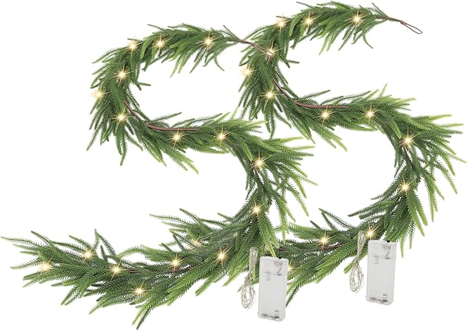 6ft Artificial Norfolk Pine Garland with Lights, 2Pcs Christmas Greenery Garland for Mantel Fireplace Table Wall Stair Window Outdoor Indoor Christmas Decorations (2)