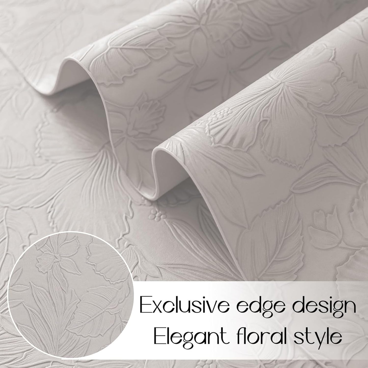 Romanstile Vinyl Placemats Set of 6-12 X 18 Inch - Heat Resistant Non-Slip Embossed Floral Place Mats 100% Waterproof Oilproof Wipeable Faux Leather Table Mats for Kitchen/Dining/Party, LightGrey