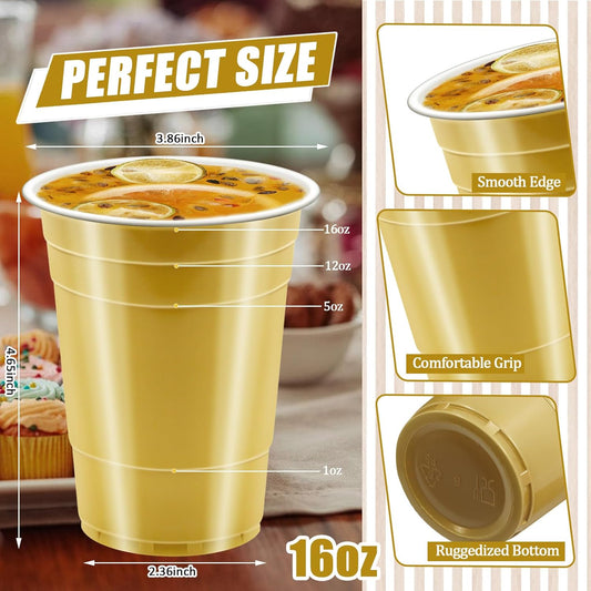 100 Pack 16 oz Gold Plastic Cups for Party, Heavy Duty Gold Disposable Cups Graduation Cups Bulk for Halloween Wedding Birthday Festive Celebrations Wine Beer Beverage
