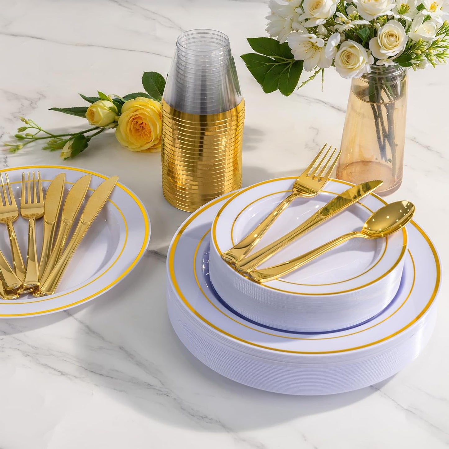 WELLIFE 300 PCS Gold Dinnerware Set for 50 Guests, Gold and White Disposable Plastic Plates for Party, 50 Dinner & Salad Plates, 50 Cups Forks Knives Spoons for Wedding and Party Supplies