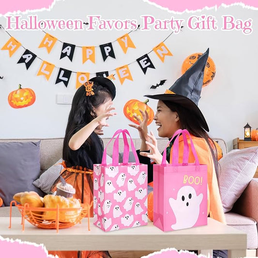 Wovnet 30 Pcs Halloween Party Favor Gift Bags Ghost Boo Pink Reusable Non Woven Goodie Treat Bags with Handle Horror Theme for Halloween Party Supplies 10 x 8 x 4in