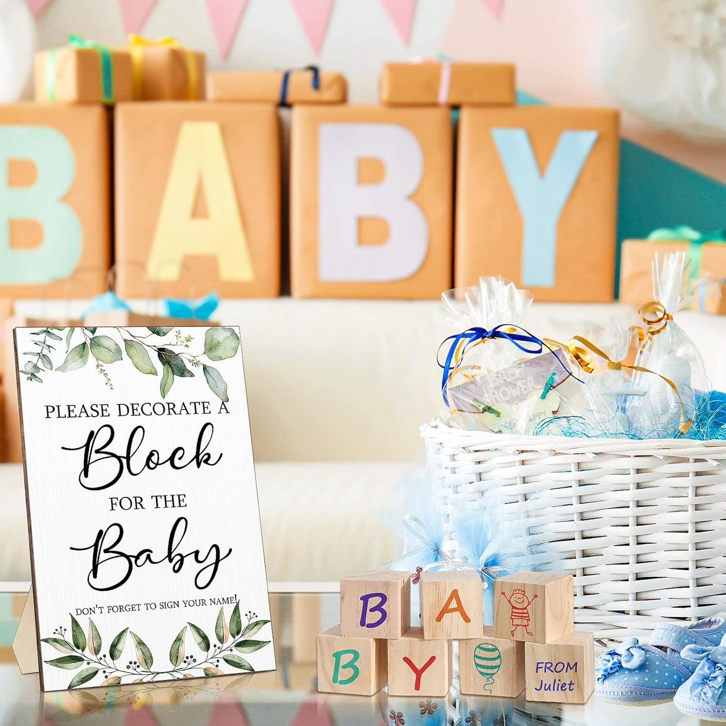 Tatuo 75 Pcs Baby Shower Games Sign Kit Including Decorate a Block Game Sign 50 DIY Wooden Block 24 Acrylic Paint Marker Baby Shower Prize for Gender Reveal Party(Greenery)