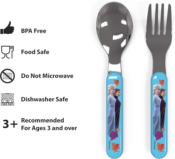 Zak Designs 5-Piece Dinnerware Set, Disney Frozen 2 - Durable Plastic & Stainless Steel - Includes Water Bottle, 8-Inch Plate, 6-Inch Bowl, Fork & Spoon - Suitable for Kids Ages 3+