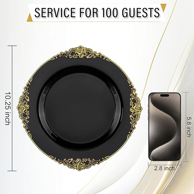 Nervure 100PCS Black and Gold Plastic Plates - 10.25Inch Black Disposable Plates - Black Plastic Dinner Plates for Wedding & Party