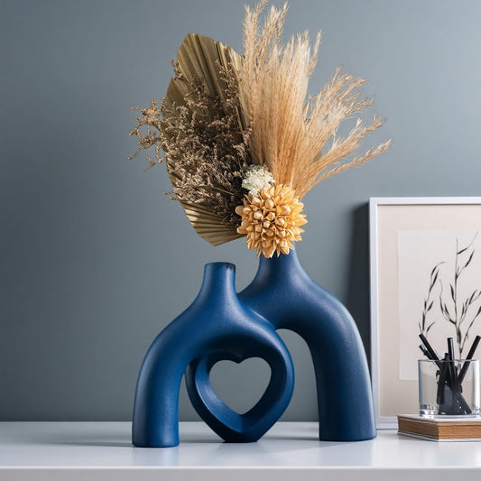 Snuggle Hollow Ceramic Decorative Vase, Modern Minimalist Nordic Boho Ins Style Vases for Home Decor Living Room Shelf Entryway Coffee Table or Console Décor (Matte Navy Blue)
