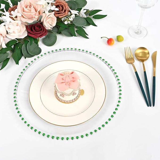 24 PCS Clear Round Charger Plates with Beaded Rim, 13 Inch Plastic Acrylic Plate, Plastic Round Beaded Dinner Decorative Service Plates for Wedding Party Event, Home Kitchen Tabletop(Green)