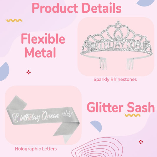 Birtthday Tiara Crown with Sash for Women Birthday Queen Party