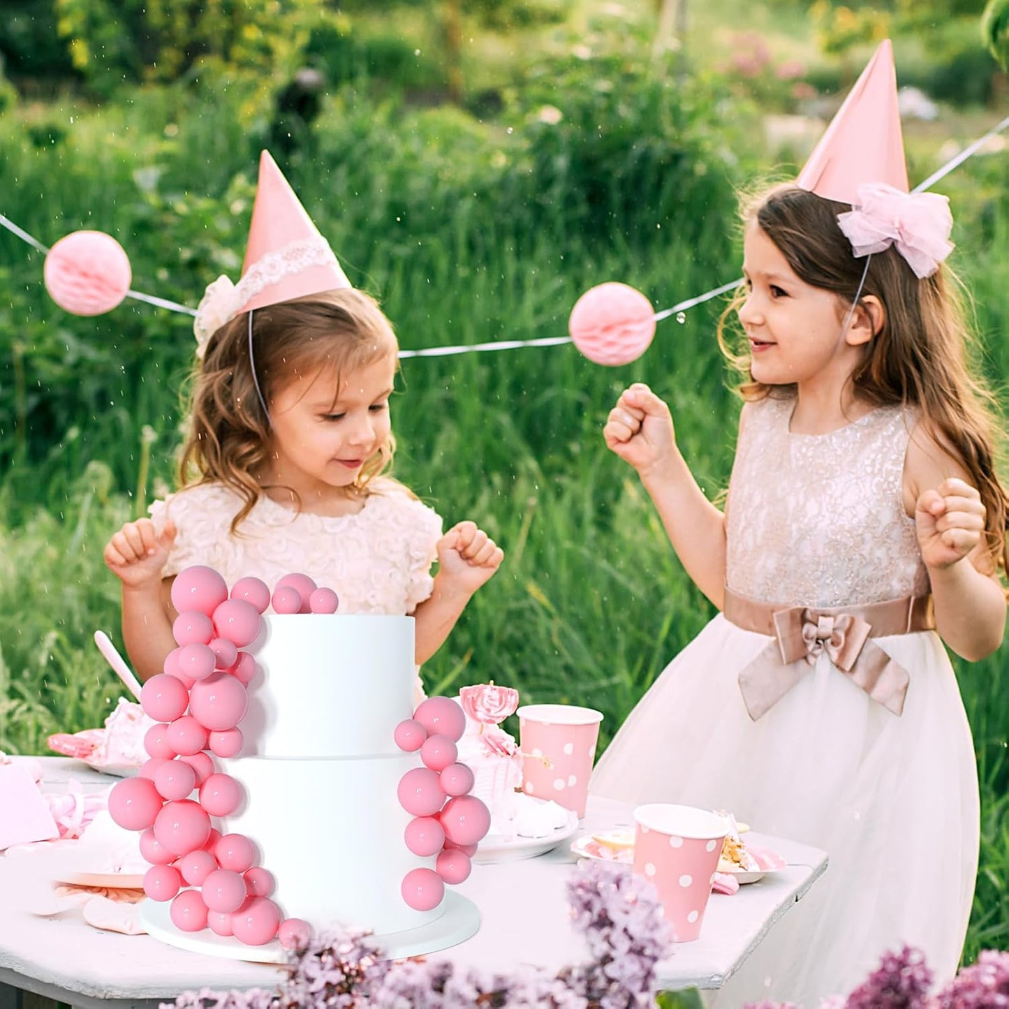 138 Pcs Pink Balls Cake Topper Decorations Balloon Cupcake Toppers Foam Multisize Cake Topper Balls for Birthday Party Wedding Anniversary