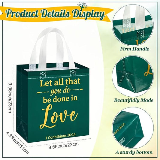 HunnmingRe 16 Pcs Christian Gift Bags Bulk, Easter Reusable Religious Bible Verse Tote with Handles Non Woven Scripture Pastor Blessing Gift for Baptism Church Wedding Favors