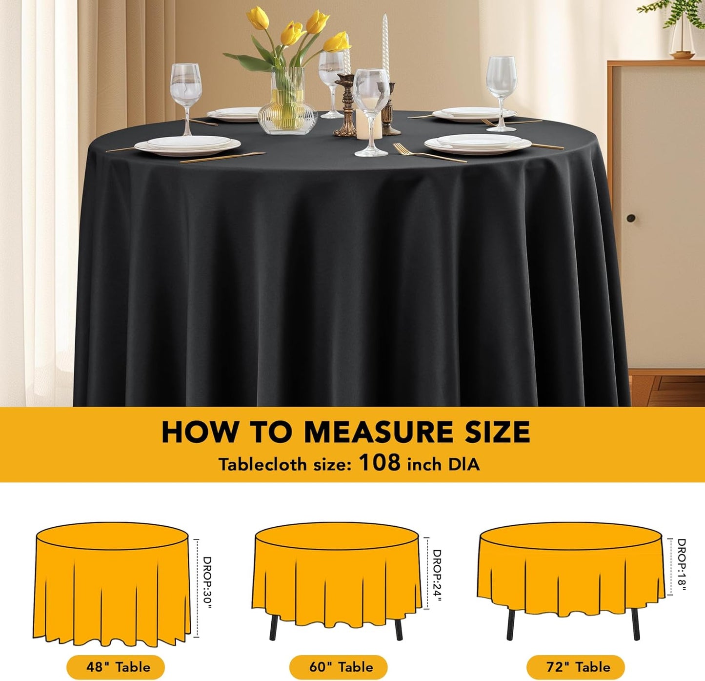 10-Pack Black Round Tablecloths, 108 Inches, Stain-Resistant Polyester for 4-5 Ft Round Tables - Washable Table Covers for Weddings, Banquets, Birthday Parties, Events