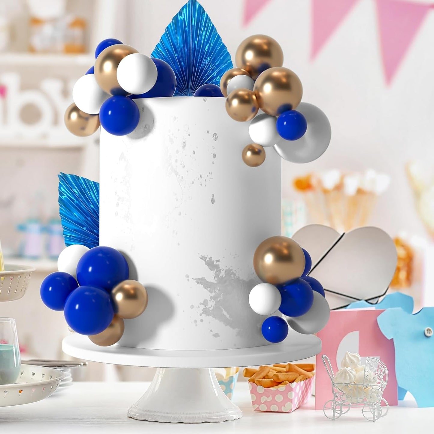 NEBURORA 64 Pcs Balls Cake Toppers and Leaves Decoration Set Mini Balloons for Cake Decorating Supplies Balls Cake decorations for Baby Shower Cake Toppers Birthday Cake Decorations(Blue Gold)