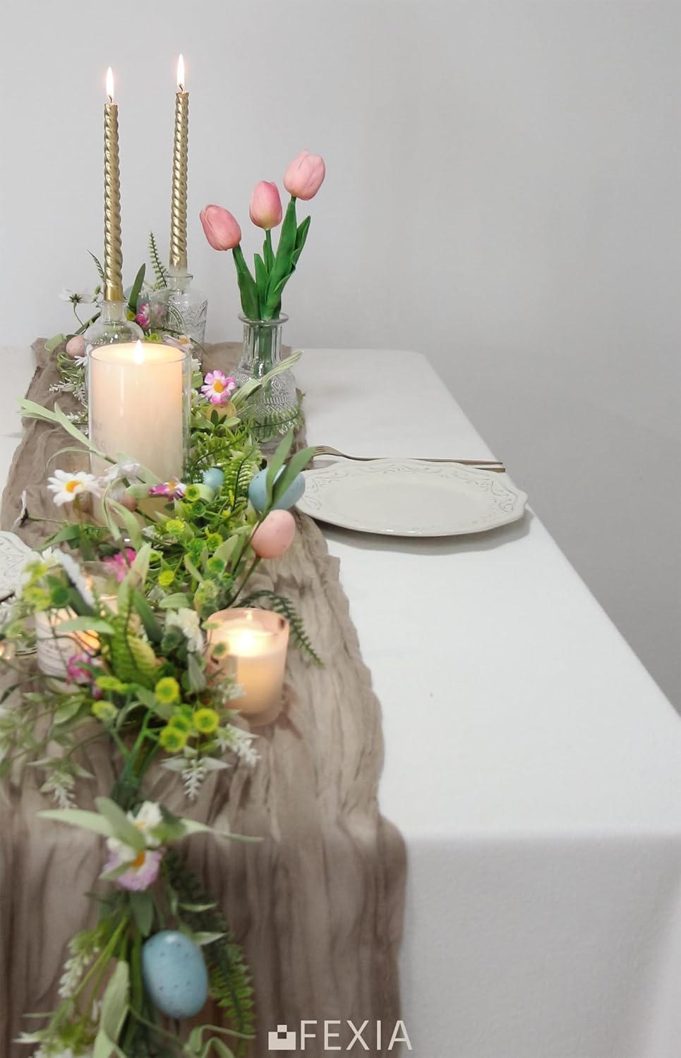 FEXIA 6 Pack Nude Table Runner 35x120 Inches for Gauze Table Runner for Bridal Shower Wedding Party First Communion Centerpiece Engagement Boho Table Decoration