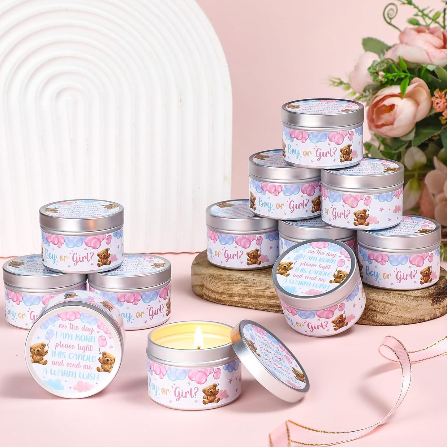 MTLEE 24 Pcs Gender Reveal Bear Baby Shower Party Favors Candles Lavender Scented Baby Shower Favors for Guests Rustic Tealights Candles Gender Reveal Return Gifts Girl Boy(1.2 Oz, Blue and Pink)