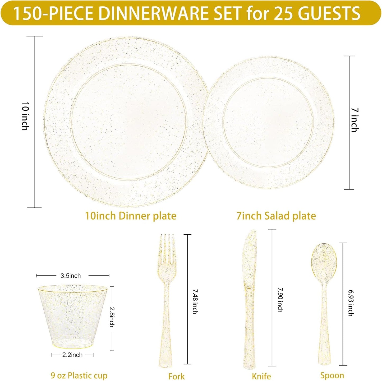 150 PCS Gold Glitter Disposable Dinnerware Set for 25 Guests, Plastic Plates for Party, Including 25 Dinner Plates, 25 Salad Plates, 25 Cups, 25 Forks Knives Spoons for Wedding and Party Supplies