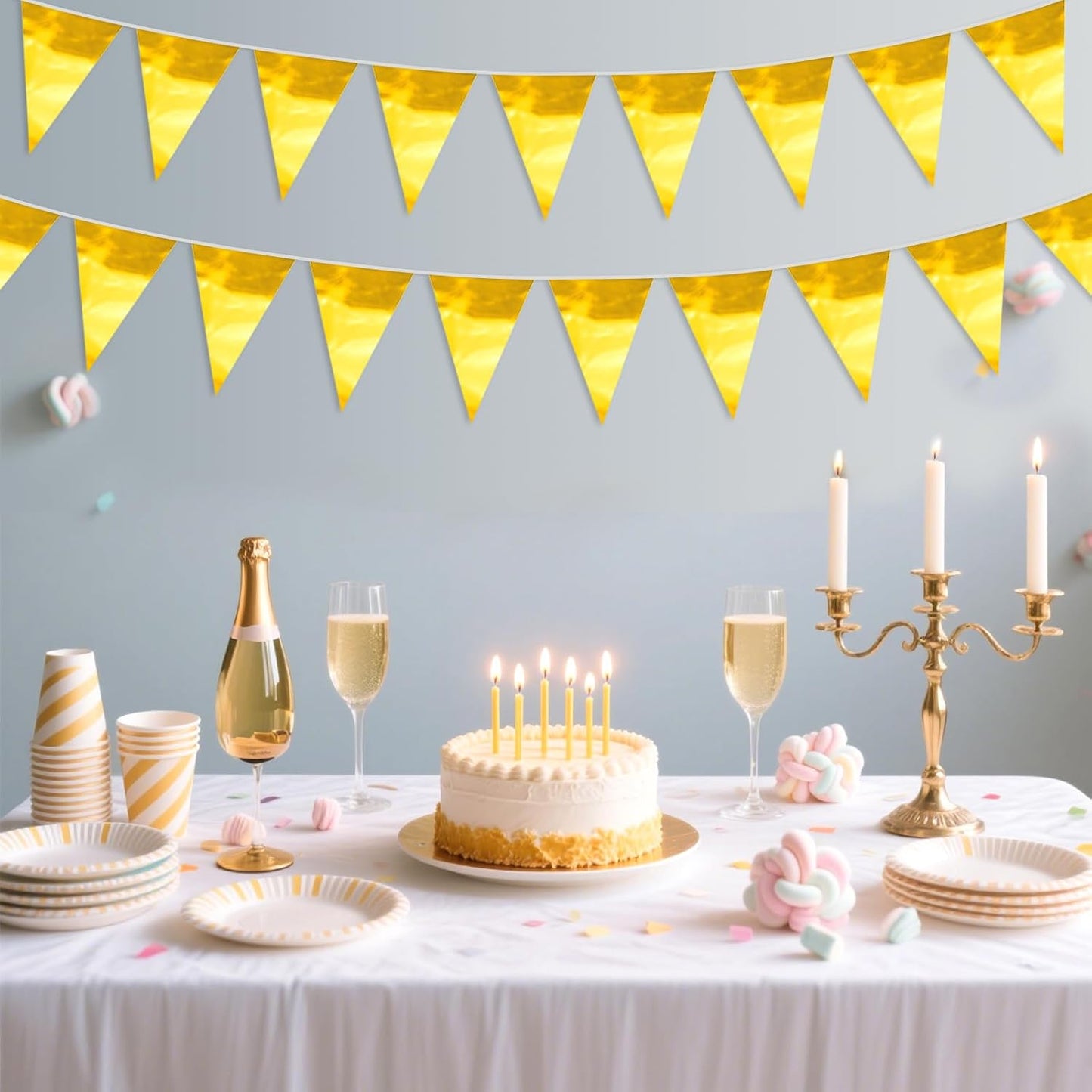 65FT Gold Glitter Triangle Pennant Banner Flag Metallic Bunting Fabric Garland for Christmas Graduation Wedding Engagement Anniversary Bachelorette Birthday Bridal Shower Valentine's Party Supplies