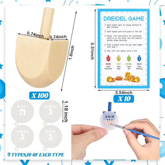 Wettarn 100 Pieces Hanukkah Dreidels Bulk Wooden Hanukkah Dreidels with Game Instruction Cards for Party Game(Size 1,DIY Style)