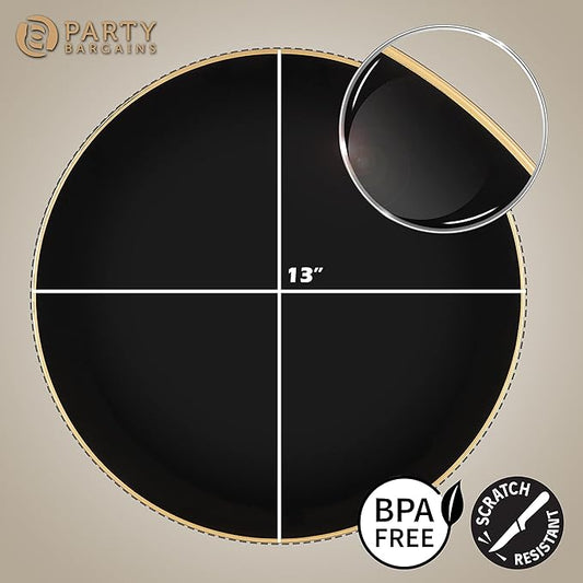 PARTY BARGAINS 13-Inch Charger Plates - 48 Pack, Organic Collection Black Gold Rim, Heavy-Duty Disposable Chargers for Elegant Dining - Ideal for Weddings and Formal Events