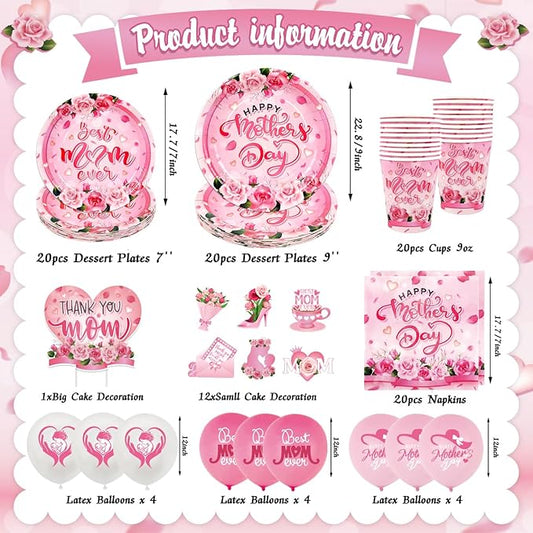 Mother's Day Plates and Napkins Set Pink Floral Happy Mothers Day Cake Topper Including Banner Cups Balloons for Best Mom Day Party Supplies