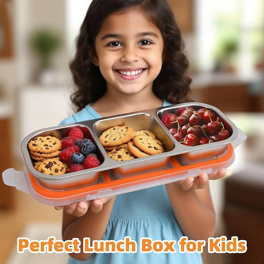 Stainless Steel Snack Containers with Lids, Reusable Condiment Storage Box, Divided Food Storage for School, Home, Travel, Multiple Compartment Leak-Proof Box (3 Compartment)