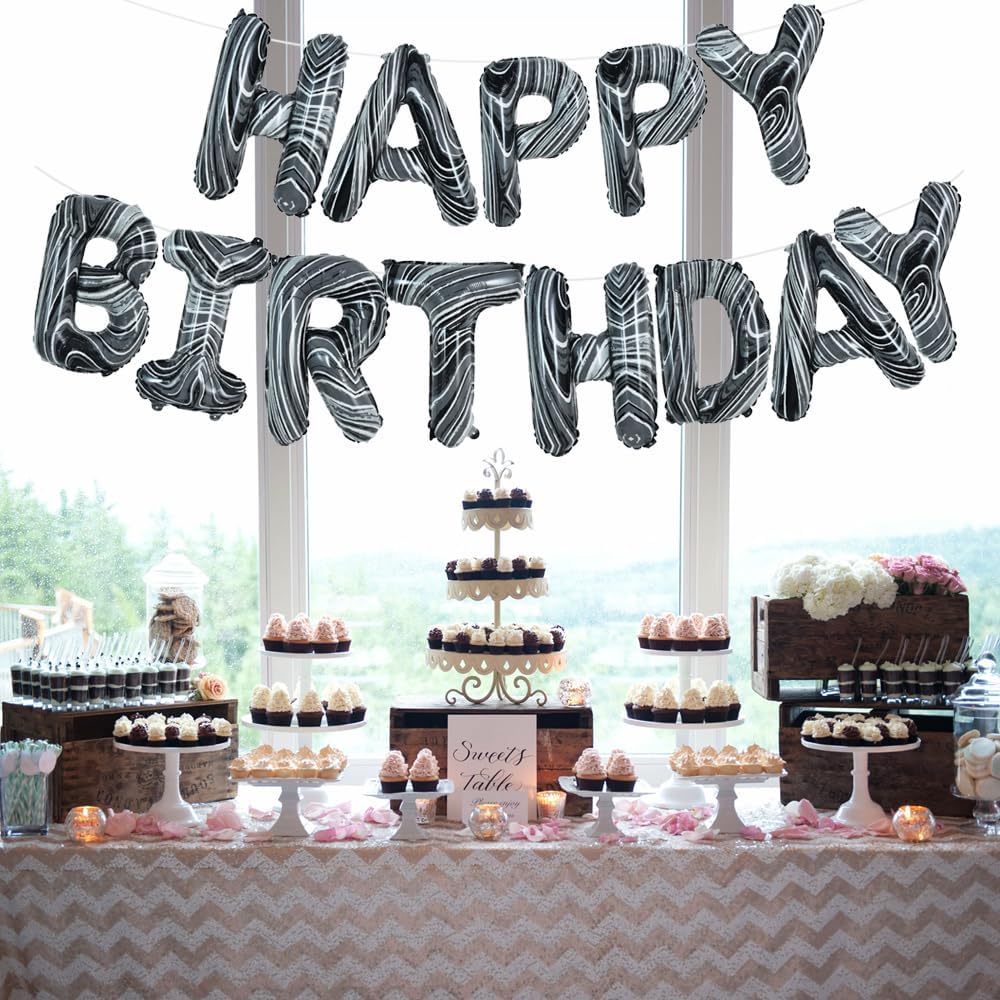 TONIFUL Black Marble Happy Birthday Balloons Banner,16 Inch Mylar Foil Letters Birthday Sign Bunting for Girls Boys Kids & Adults Birthday Decorations and Party Supplies
