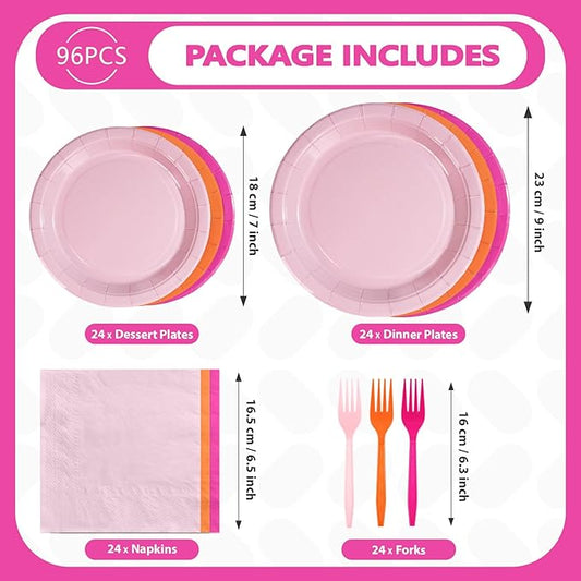 Grencian Pink and Orange Party Decorations Supplies - 96Pcs Solid Color Paper Plates and Napkins Neon Disposable Hot Pink Orange Tableware Sets for Sunset Theme Birthday Party Decorations Serves 24