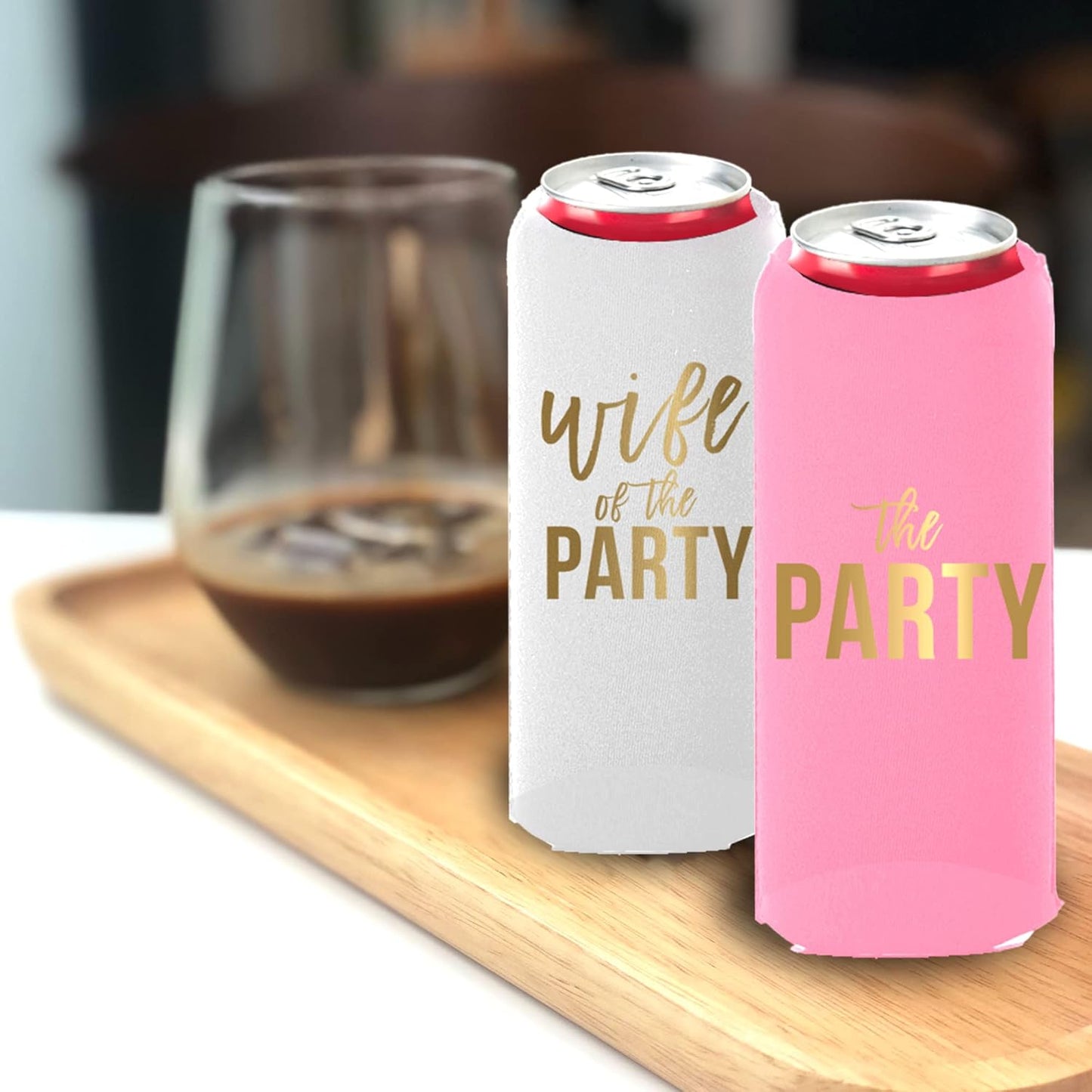 Wife of the Party and The Party Bachelorette Can Coolers - Set of 12, Perfect for Decorations and Bridesmaid Gifts (Dusty Rose, Slim)