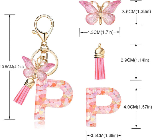 Fashion Alphabet Initial Letter Keychain Tassel Butterfly Pendant Key Ring for Purse Handbags Women Girl