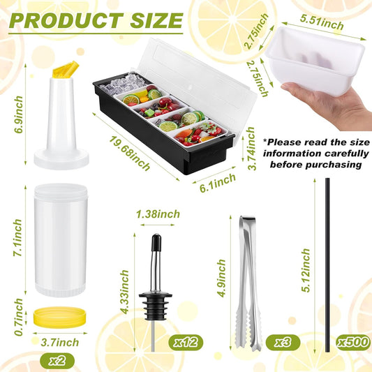 Mifoci Garnish Tray with Lid Bar Caddy 3 Tier Glass Rimmer 12 Stainless Steel Bottle Pourers 2 Plastic Juice Pour Bottles 1000 Count Cocktail Straws 3 Serving Tongs(5 Compartments,Plastic)