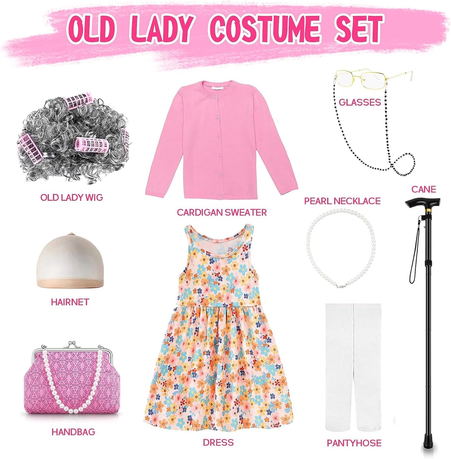 100th Day School Costume for Girls Grandma Dress Up Set with Wig & Accessories