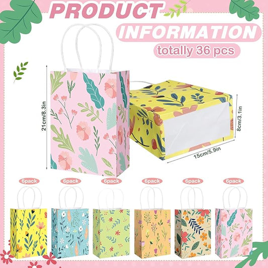 Kolldenn 36 Pcs Floral Gift Bags Watercolor Tea Party Treat Goodie Bags Women with Handles Thank You Birthday Candy Treat Engagement Party Supplies, 8.3 x 5.9 x 3.1 Inches(Chic)