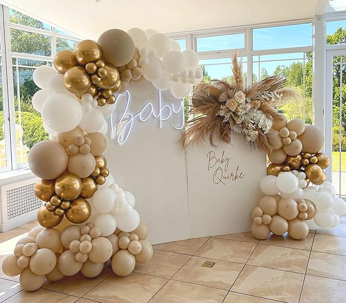 White Sand Gold Balloon Garland Arch Kit, 162PCS Neutral White Sand Chrome Gold and White Balloons for Baptism First Communion Boho Wedding Baby Shower Birthday Party Decorations