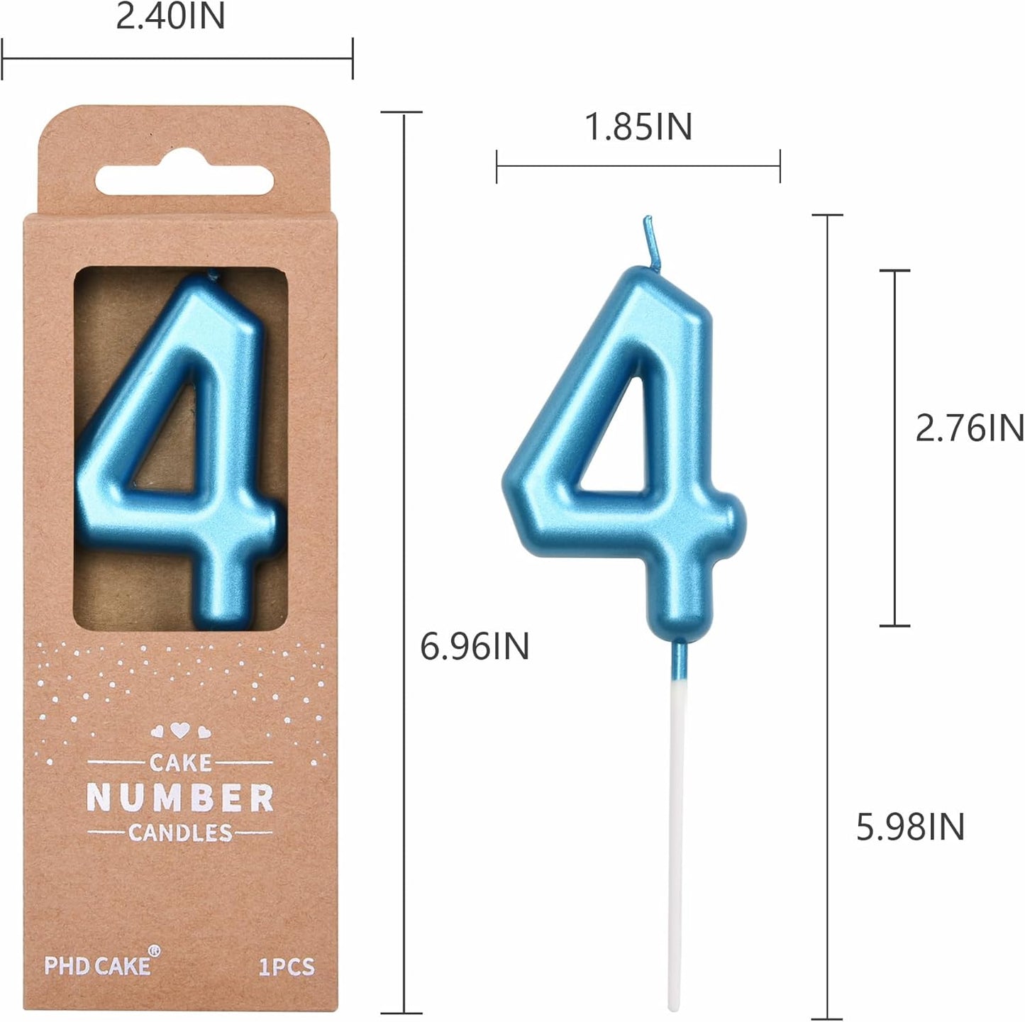 PHD CAKE 2.76 inch Classical Blue 4 Number Birthday Candles, Blue Number Candles, Cake Number Candles, Party Celebration