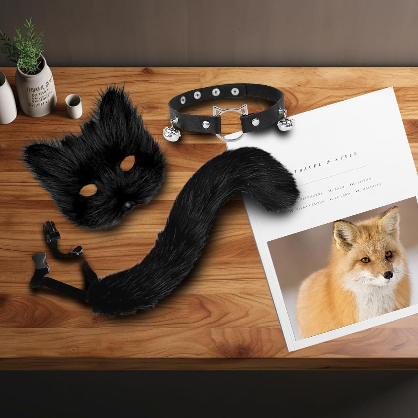 3 Pcs Furry Cat Mask Set, Faux Fur Fox Mask and Tail Set, Halloween Party Cosplay Costume Accessory,Wolf Masks and Leather Necklace for Halloween Parties, Themed Role-playing Parties (black)