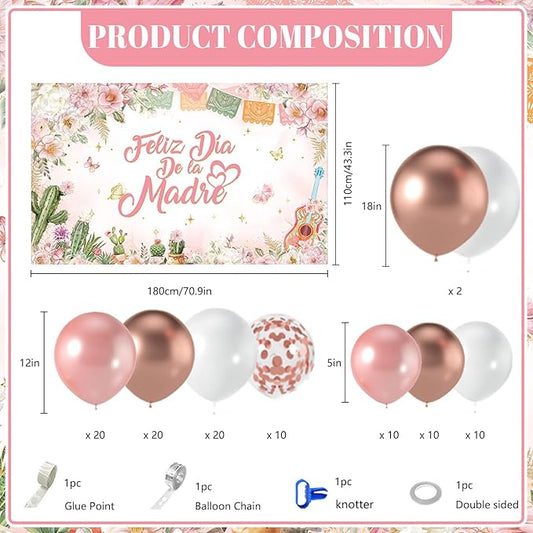 MEHOFOND Feliz Día De La Madre Decorations 107Pcs Mexican Mother's Day Balloons Set, Rose Gold Floral Feliz Dia Mama Love You Mom for Best Mom Ever Mothers Day Party Supplies