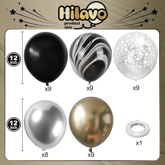 Black Gold Silver Balloon Set – 12 Inch Marble Chrome Star Print Latex Balloons for Graduation & Birthday Party