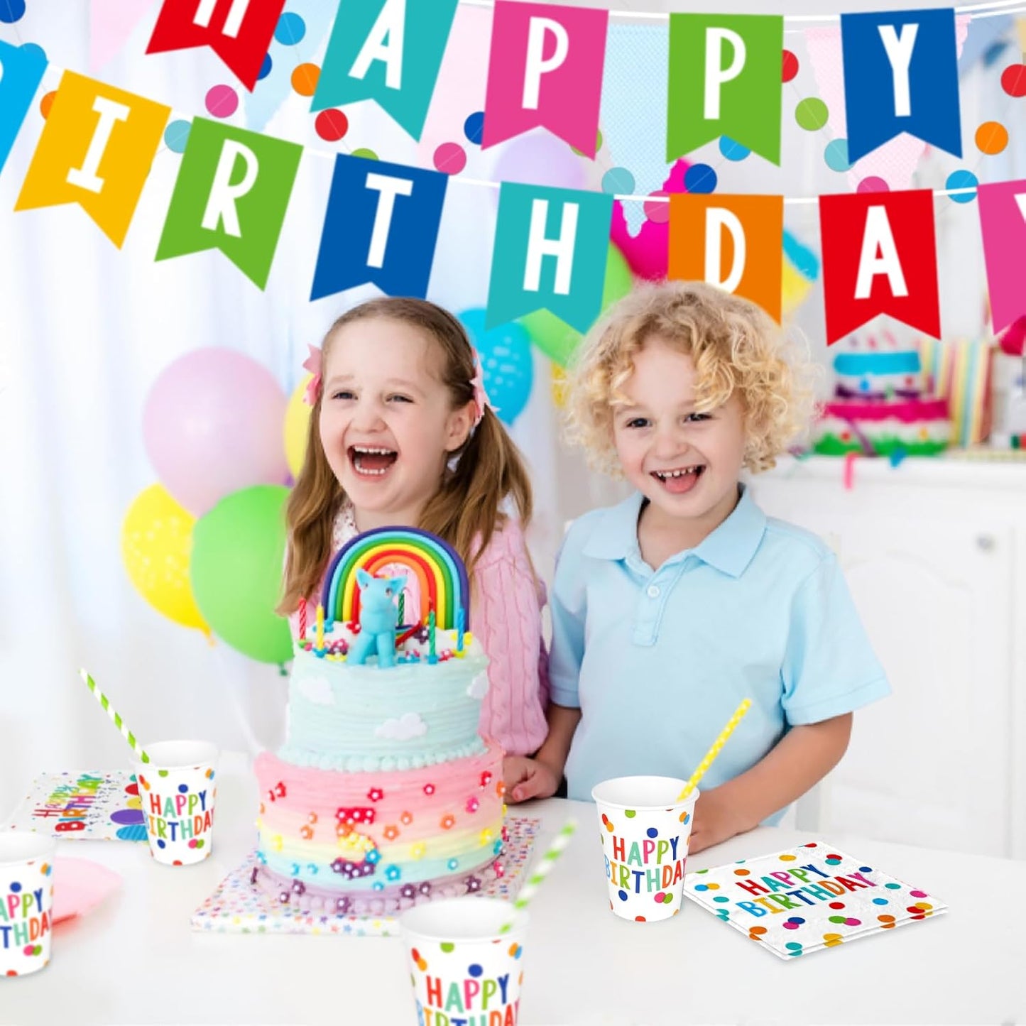Happy Birthday Decorations: Happy Birthday Party Supplies Set with Birthday Dots Design- Includes Disposable Paper Birthday Plates and Napkins, Cups, Tablecloth, and Banner for decorations, Serves 25.