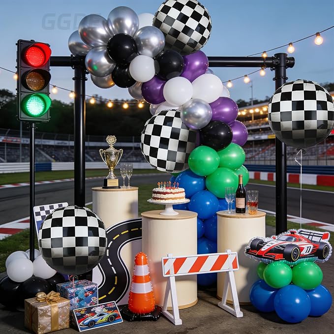 Monster Truck Balloon Bundle 20 Pcs Checkered Balloons Latex Balloon Green Purple Black Boy 1st 2nd Race Ca Vintage Fast One Two Fast Theme Monster Birthday Party Decor Supplies Kit