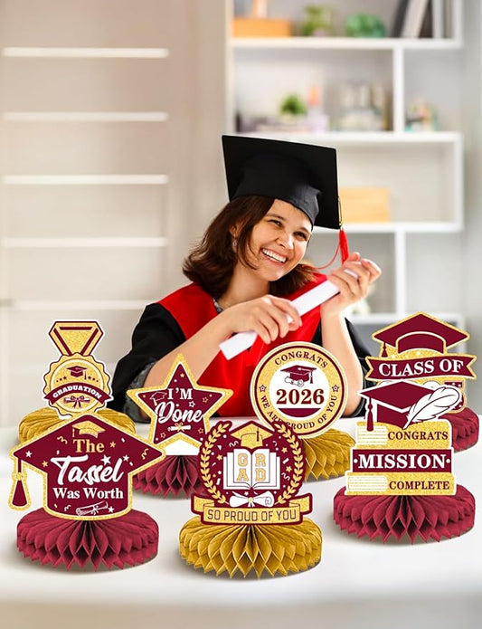 Graduation Table Decorations 2026, Maroon Gold Graduation Centerpieces for Tables, 9Pcs Honeycomb Centerpieces, 3D Congrats Grad Table Toppers for Grad Party Decorations, Class of 2026 Decor