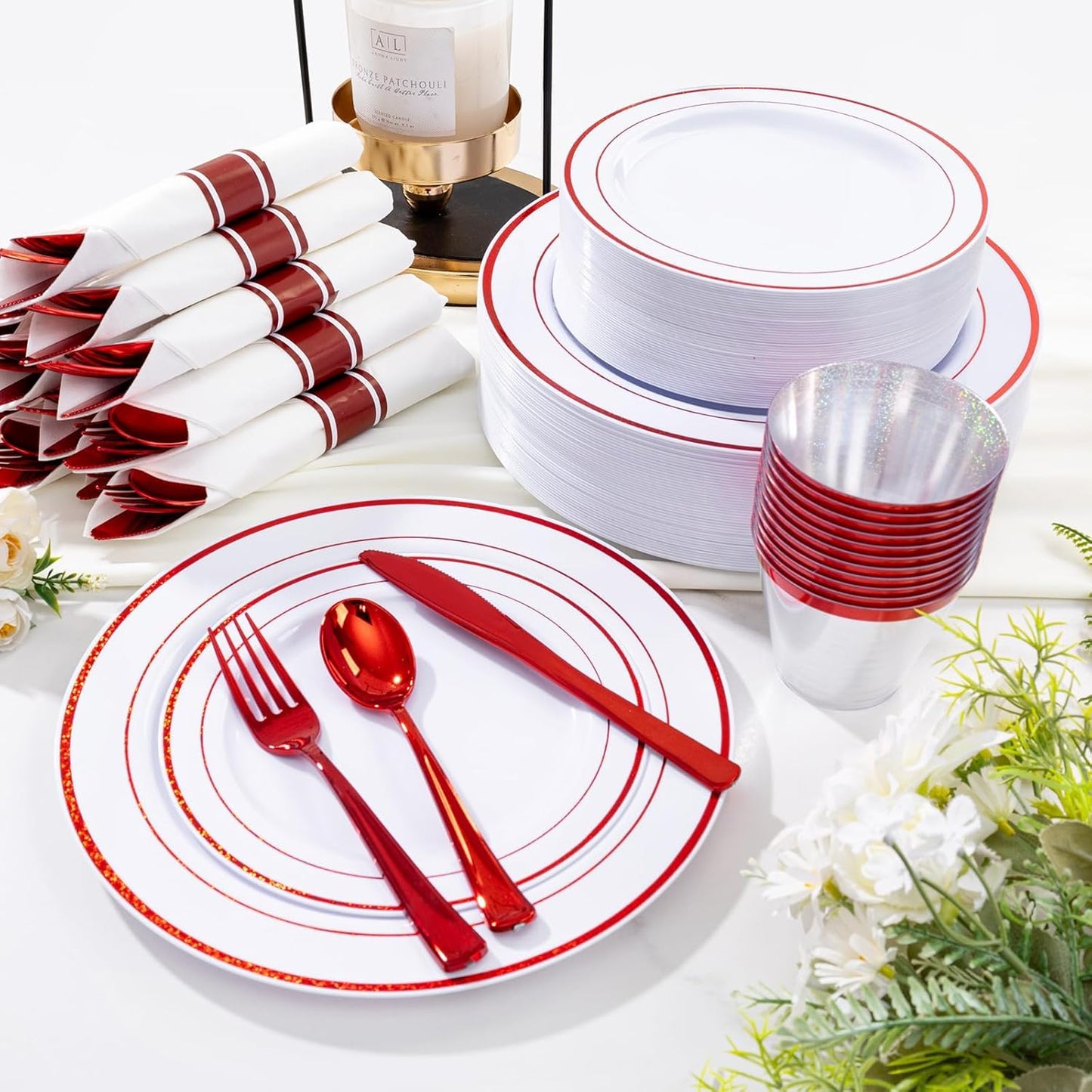 WELLIFE 700 Pieces Red Plastic Plates - Disposable Silverware and Cups, Include: 100 Dinner Plates 10.25”, 100 Dessert Plates 7.5”, 100 Red Cups 9 OZ, 100 Plastic Cutlery