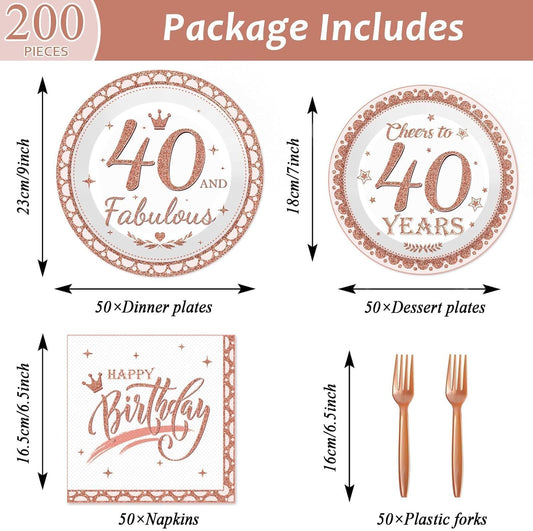 gisgfim 50 Guests 40th Birthday Decorations Plates Napkins for Women Rose Gold Party Supplies 40 Fabulous Happy Birthday Tableware Set Cheers to 40 Years Party Decor Table Decors for Her Girl 200Pcs