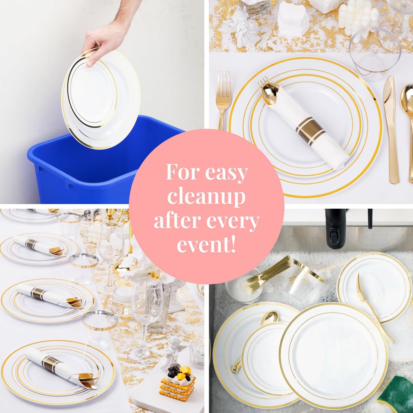 Prestee 350-Piece Engagement Party Decorations Disposable Dinnerware Set for 50 Guests - Fancy Plastic Dinner Ware Sets with Plates, Cups, Forks, Knives, Spoons - White and Gold Dinnerware Set