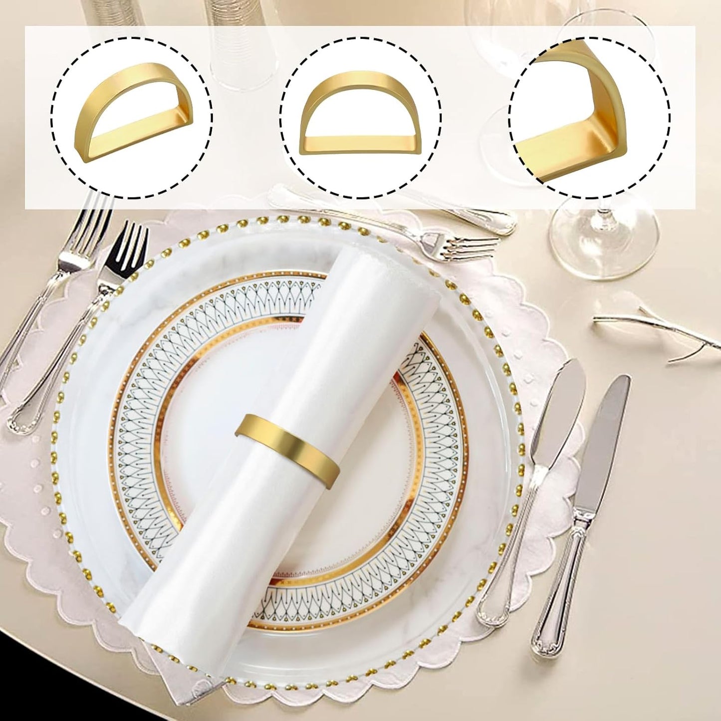 24Pcs Gold Napkin Rings Set, Metal Napkin Ring Holders Buckles for Dinner Table Settings, Metallic Adornment for Christmas Valentine's Day Dinner Party Wedding (24, Semicircle Shape)