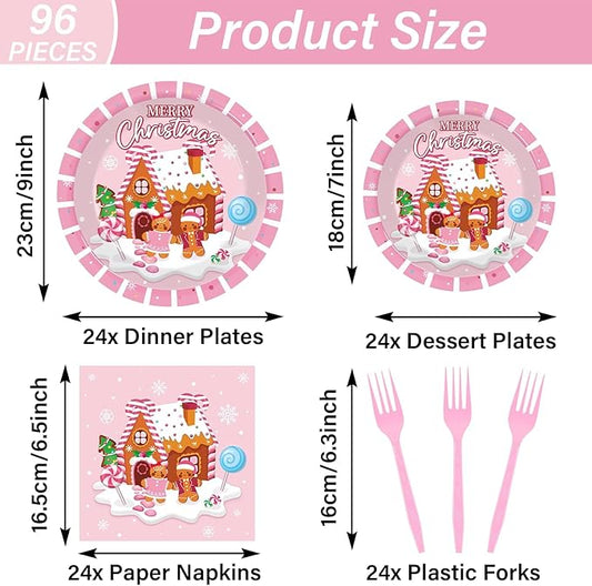 OBUSATT 96Pcs Christmas Gingerbread Paper Plates and Napkin Christmas Party Supplies Pink Gingerbread House Tableware Dinnerware Set for Xmas Winter Holiday Seasonal Table Party Decoration Serve 24