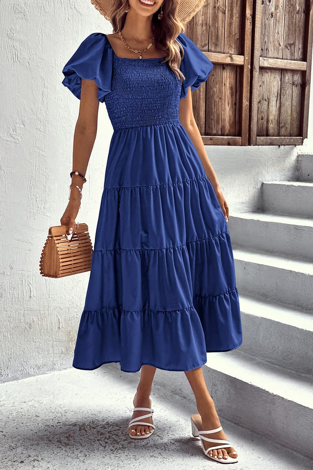 PRETTYGARDEN Women's Casual Summer Midi Dress Puffy Short Sleeve Square Neck Smocked Tiered Ruffle Dresses