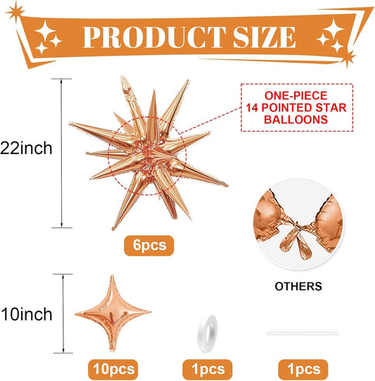 Rose Gold Star Balloons,Explosion Star Balloons Kit with 6Pcs 22Inch Cone Star Foil Balloons and 10Pcs 10Inch Four Pointed Star Balloons for Birthday Anniversary Disco Party Decorations