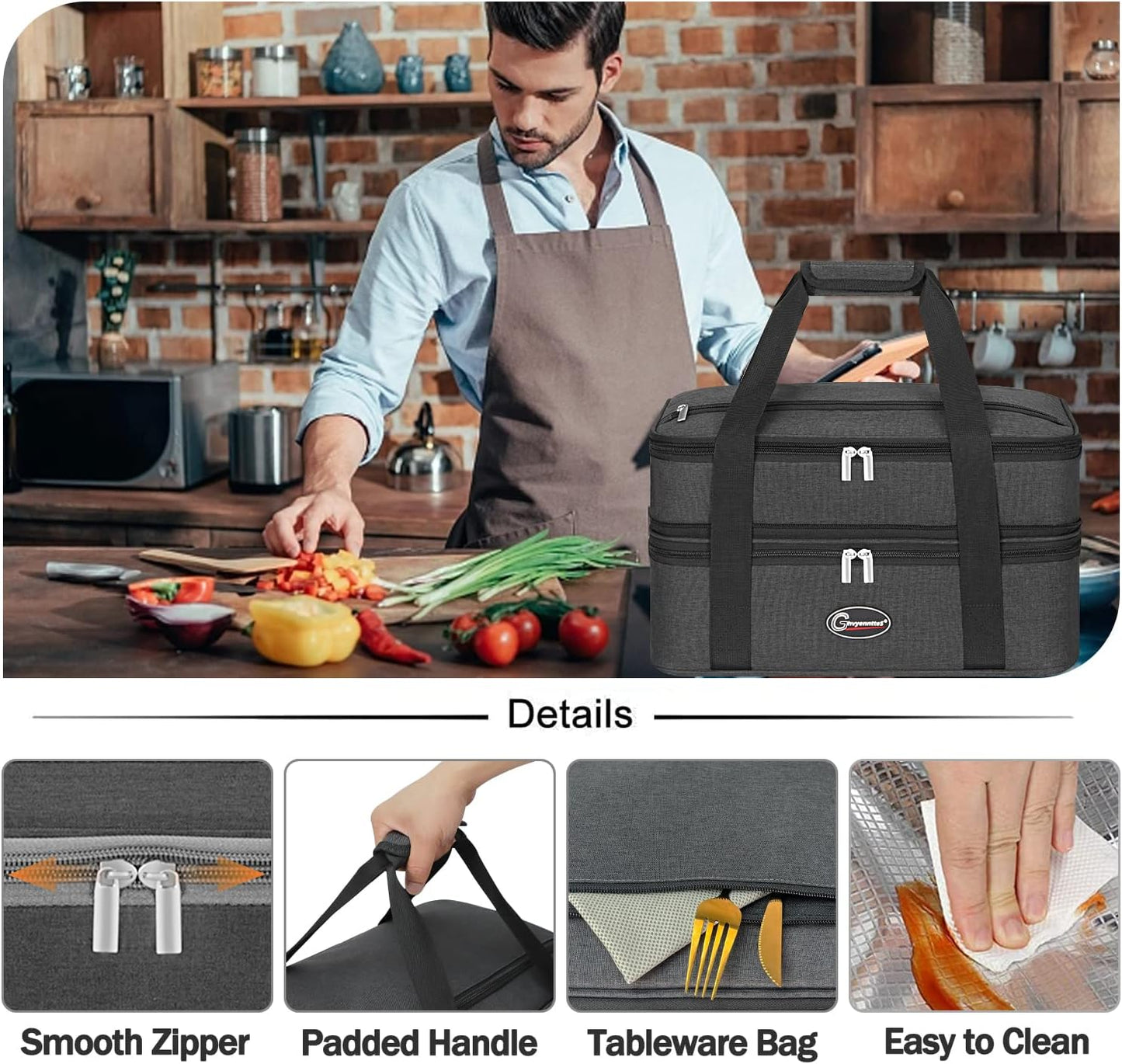 GhvyenntteS Casserole Carrier, Double Insulated Casserole Carrier for Hot or Cold Food Lunch Tote Warmer, Portable Lasagna Lunch Bag for Potluck Parties, Picnic, Travel, Fits 9"x13" Baking Dish, Grey