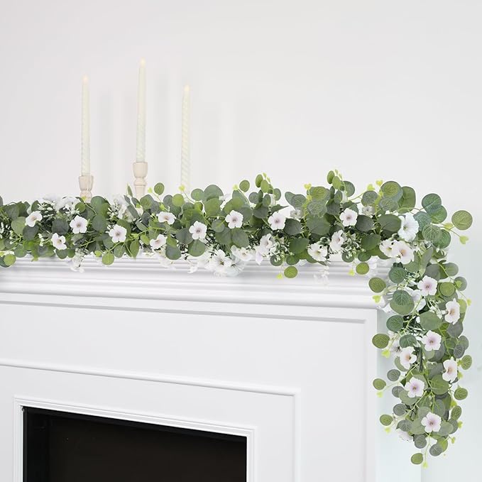 Artificial Eucalyptus Garland with Morning Glory Flowers, 2 Pack Faux Eucalyptus Leaves Greenery Garland Hanging Vines for Wedding Party Backdrop Mantle Table Arch Wall Decor, 6 FT Indoor Outdoor