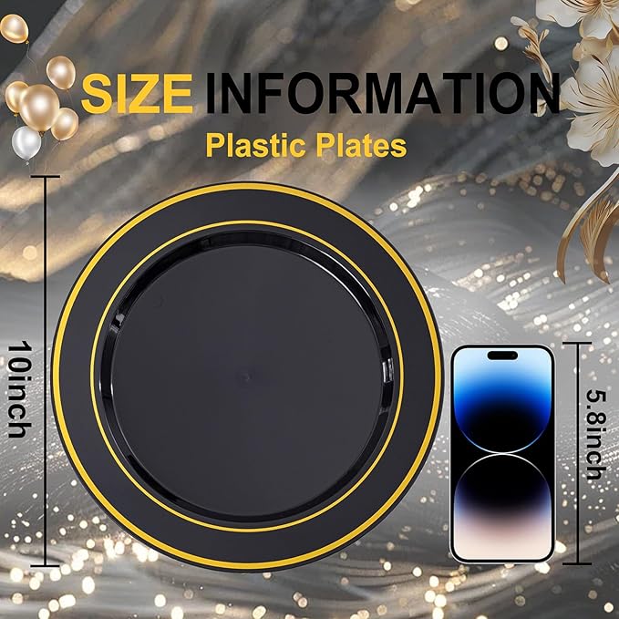 100PCS Black Plastic Plates, 10 Inch Disposable Dinner Plate Party with Gold Rim, Heavy Duty Disposable Plastic Plates for Party, Wedding and Birthday