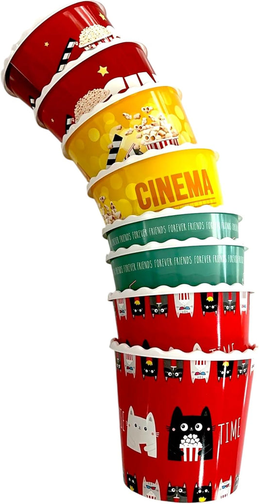 Modern Style Reusable Plastic Popcorn Box/Popcorn Containers/Popcorn Bowls Set for Movie Theater Night - (BPA Free - 8 Pack - 75 oz) (Popcorn Mix Y)