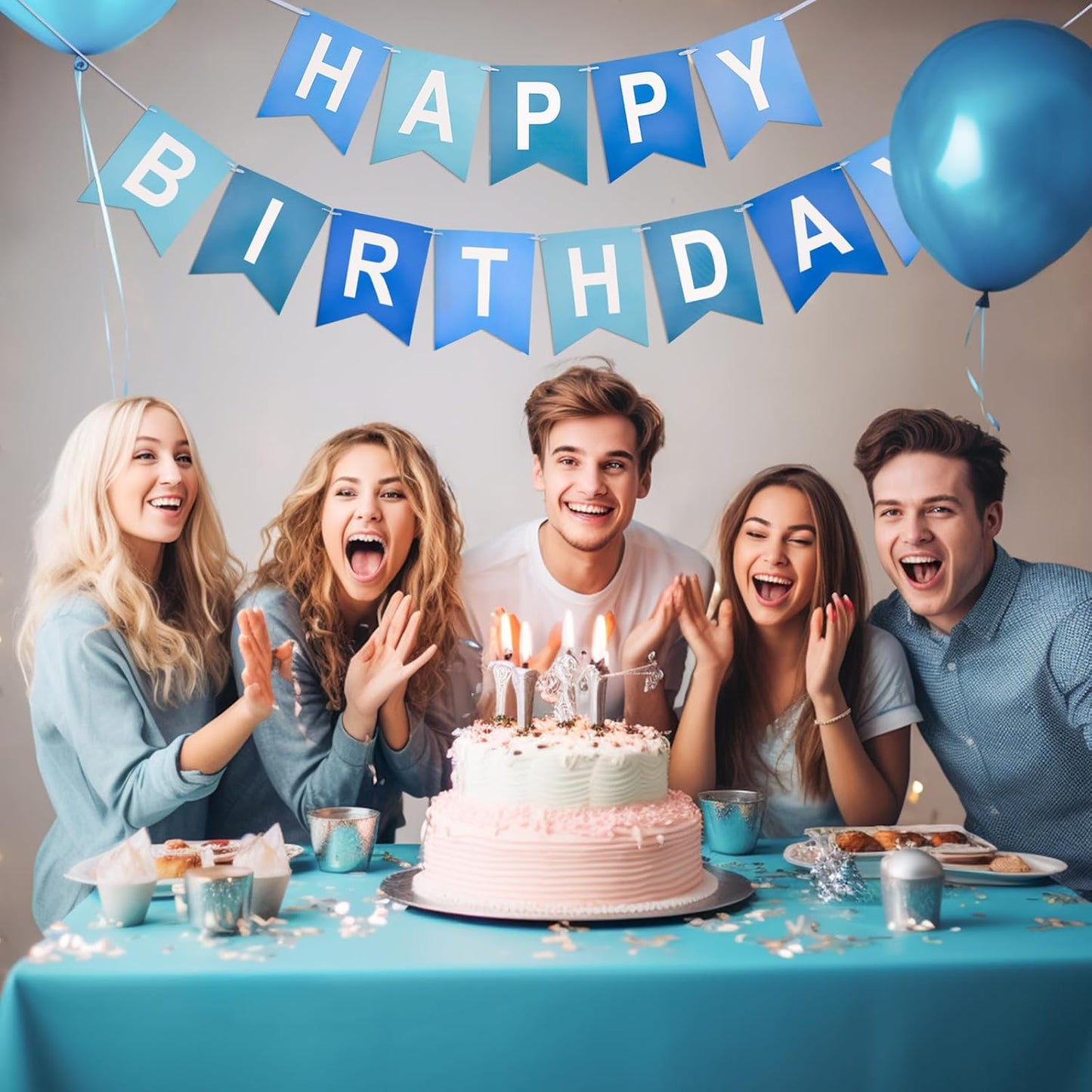 Blue Happy Birthday Banner Birthday Party Banner NO DIY Happy Birthday Sign Pre-Strung Birthday Hanging Decoration for Women Men Girl Boy Party Supplies(Blue)